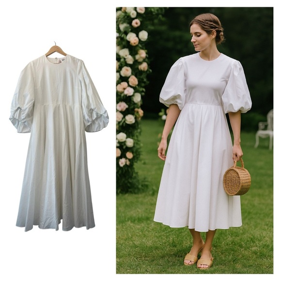 ROKSANDA White Cotton Poplin Midi Dress Puff Sleeve Boho Cottage US 10 UK 14 NWT - Picture 1 of 16